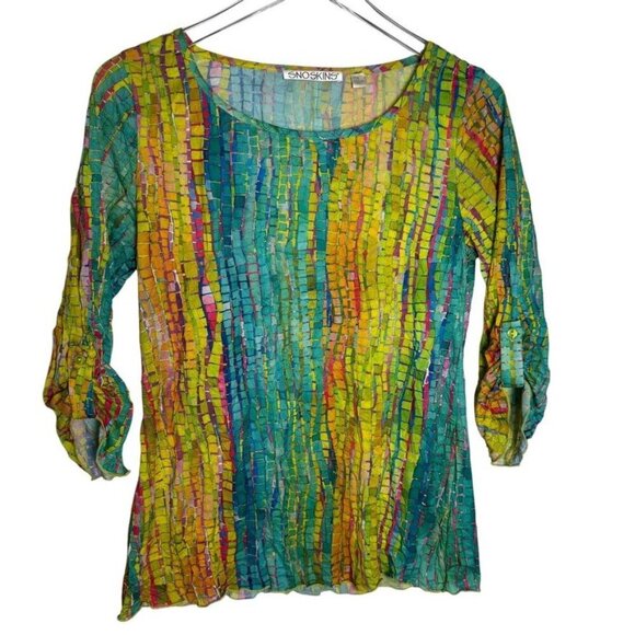 Snoskins Multicolor Mosaic Print Roll Tab Sleeve Womens Top Size S - Picture 2 of 6